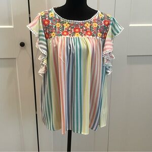 Striped Multicolor Embroidered Flutter Sleeve Women's Top